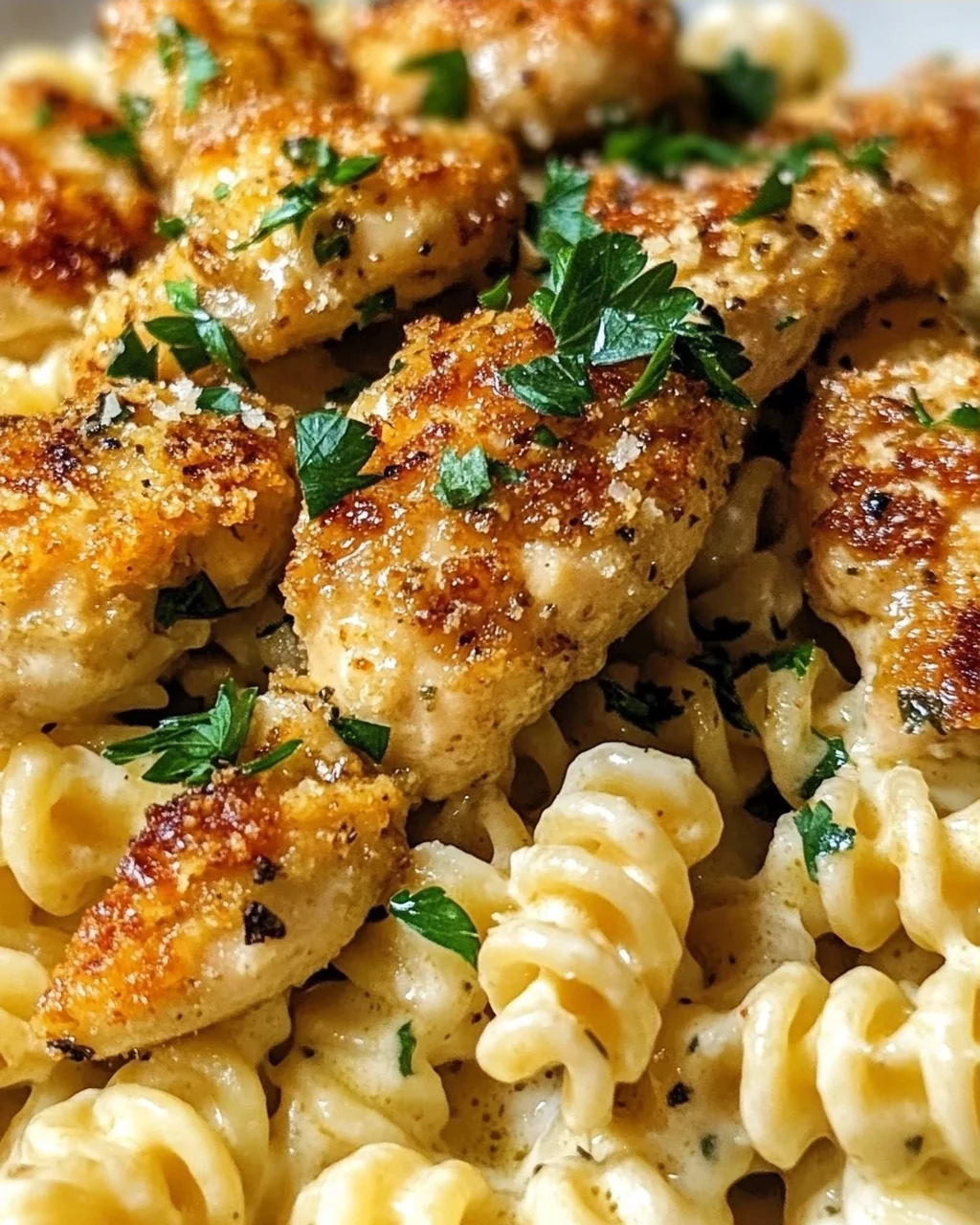 Cremige Knoblauch-Parmesan Hähnchen-Häppchen mit Rotini
