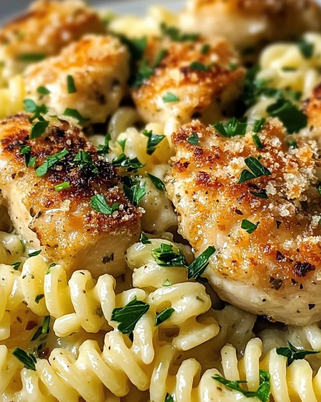 Cremige Knoblauch-Parmesan Hähnchen-Häppchen mit Rotini