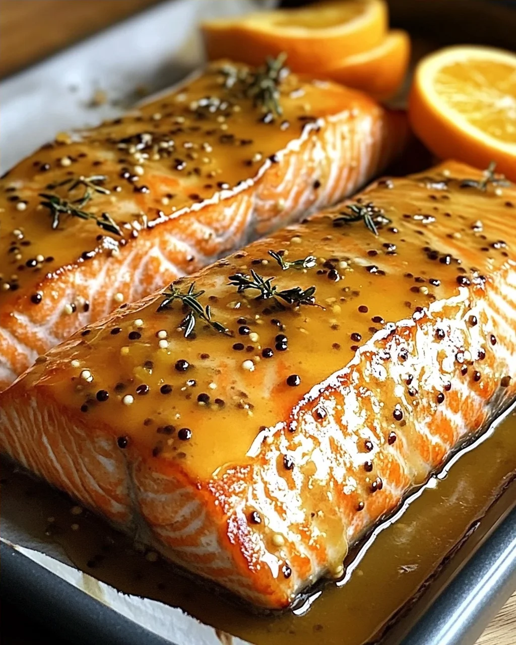 Gebackener Orangen-Lachs mit Honig-Senf-Glasur
