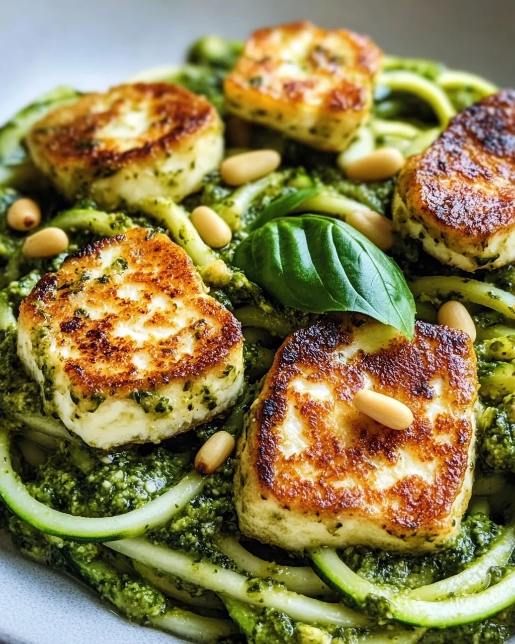 Halloumi mit Zucchini-Pesto-Nudeln