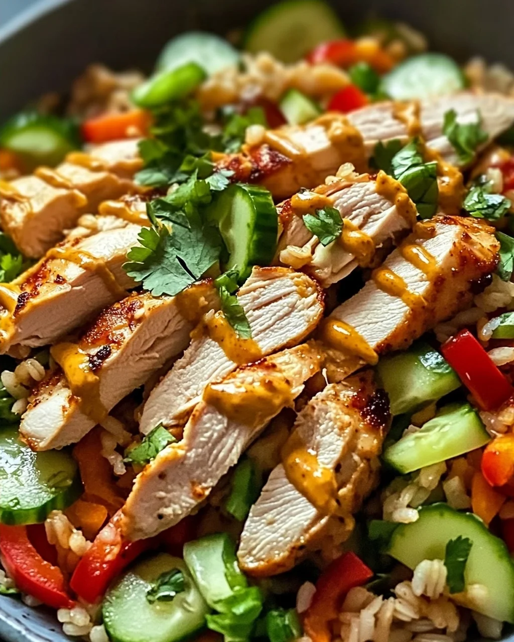 Hühnchen Crispy Reis Salat mit Erdnussdressing schnell & lecker