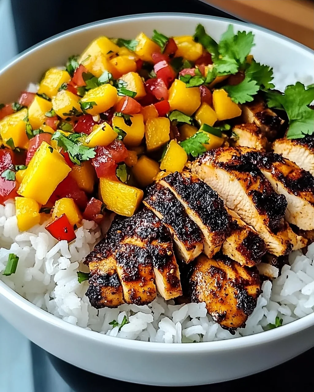 Jerk-Hühnchen-Schalen mit Mango-Salsa und Kokosreis