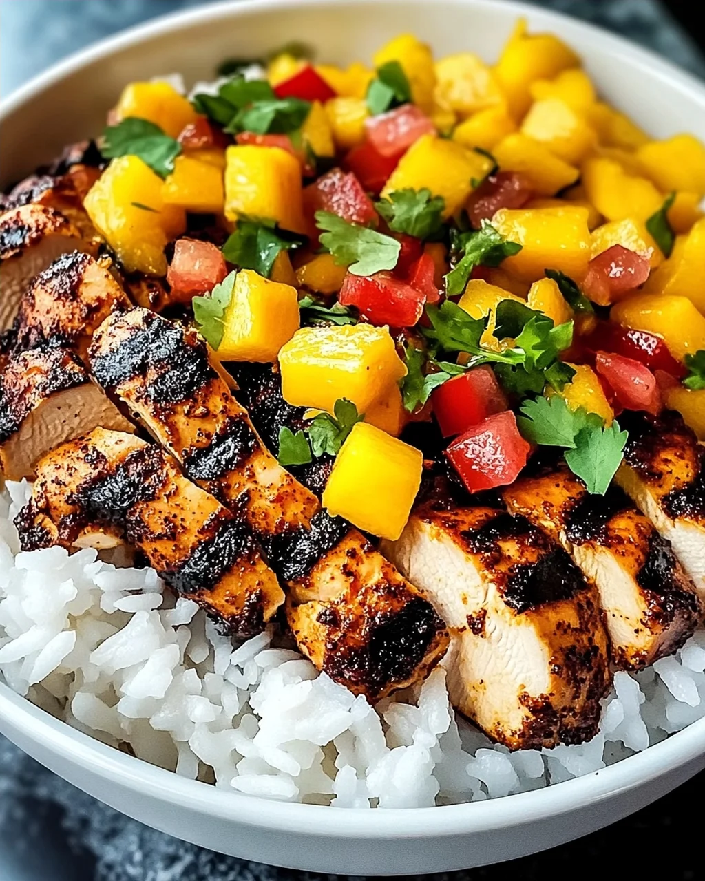 Jerk-Hühnchen-Schalen mit Mango-Salsa und Kokosreis