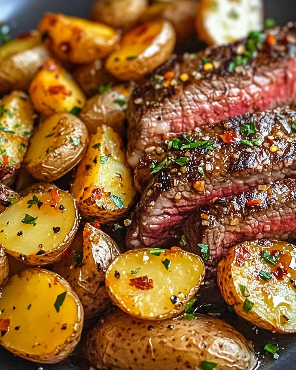 Knoblauchbutter Steak und Kartoffeln aus der Pfanne