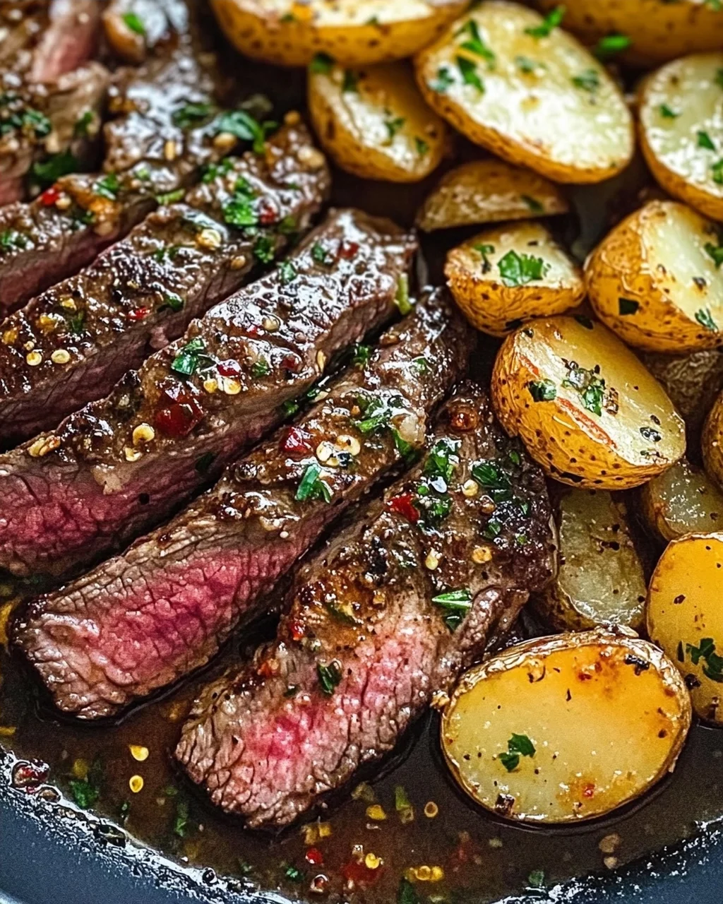 Knoblauchbutter Steak und Kartoffeln aus der Pfanne