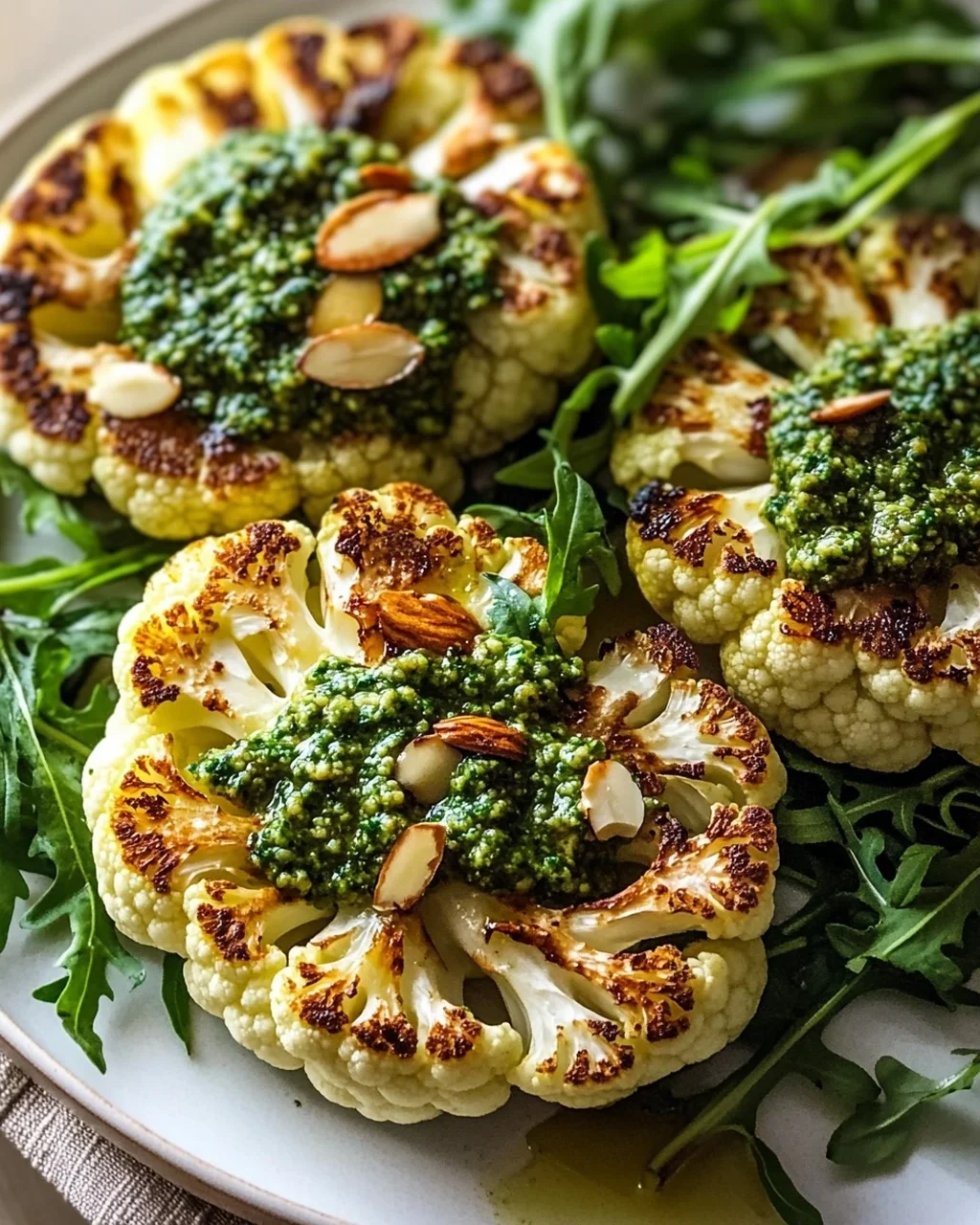 Knusprige Blumenkohl Steaks mit Mandel Pesto & Rucola