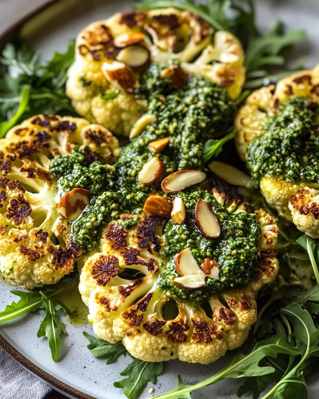 Knusprige Blumenkohl Steaks mit Mandel Pesto & Rucola