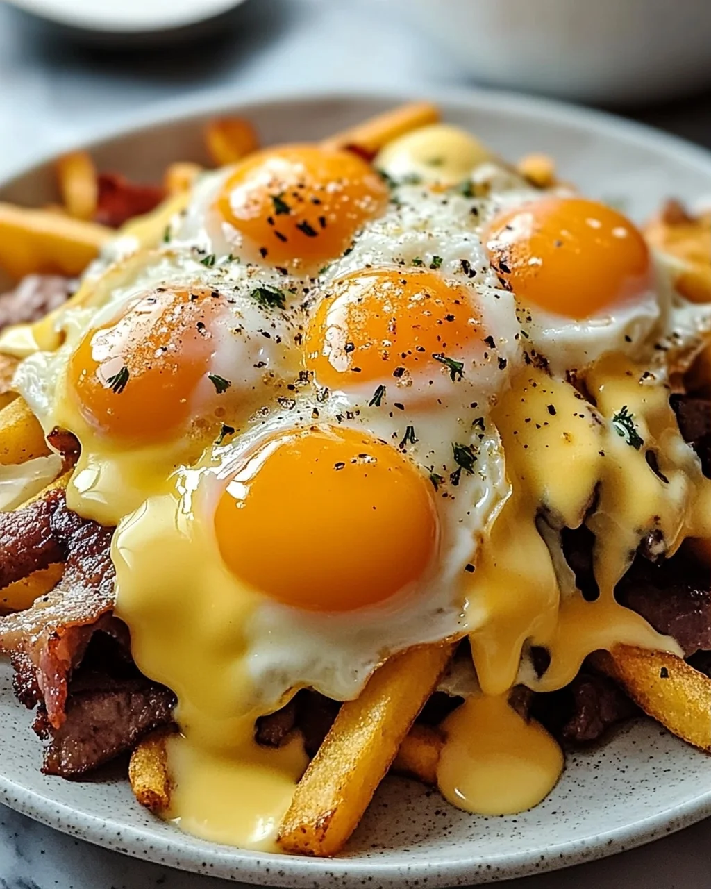 Köstliche Frühstücks Poutine mit cremiger Hollandaise.