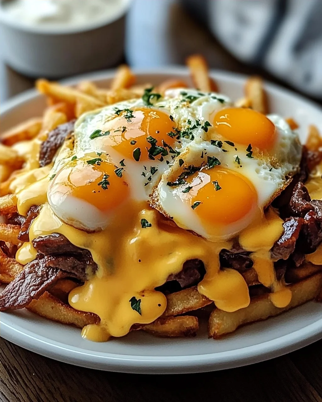 Köstliche Frühstücks Poutine mit cremiger Hollandaise.