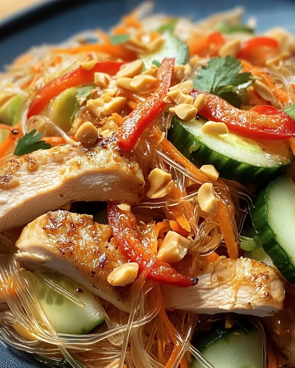 Lauwarmer Glasnudelsalat mit Erdnusshähnchen