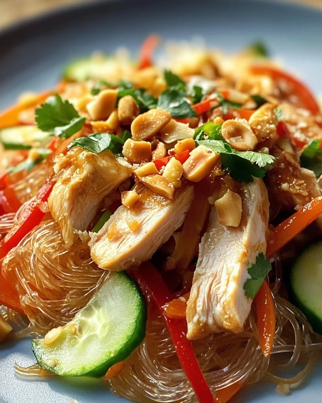 Lauwarmer Glasnudelsalat mit Erdnusshähnchen