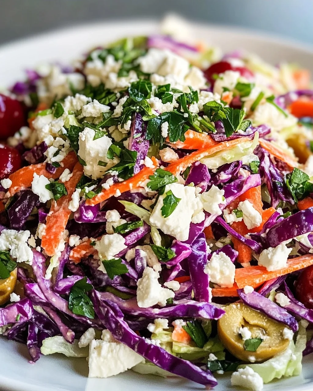 Mediterraner Slaw mit Feta, Oliven & frischen Kräutern