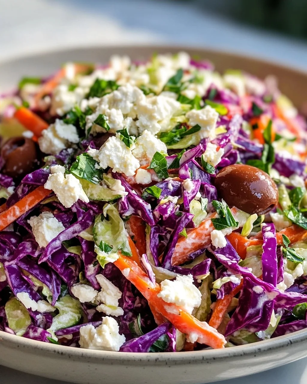 Mediterraner Slaw mit Feta, Oliven & frischen Kräutern