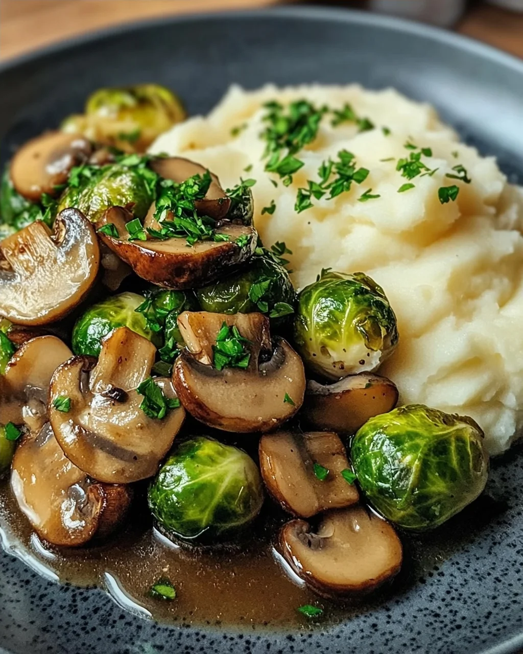 Pilzpfanne mit Rosenkohl und Kartoffelpüree