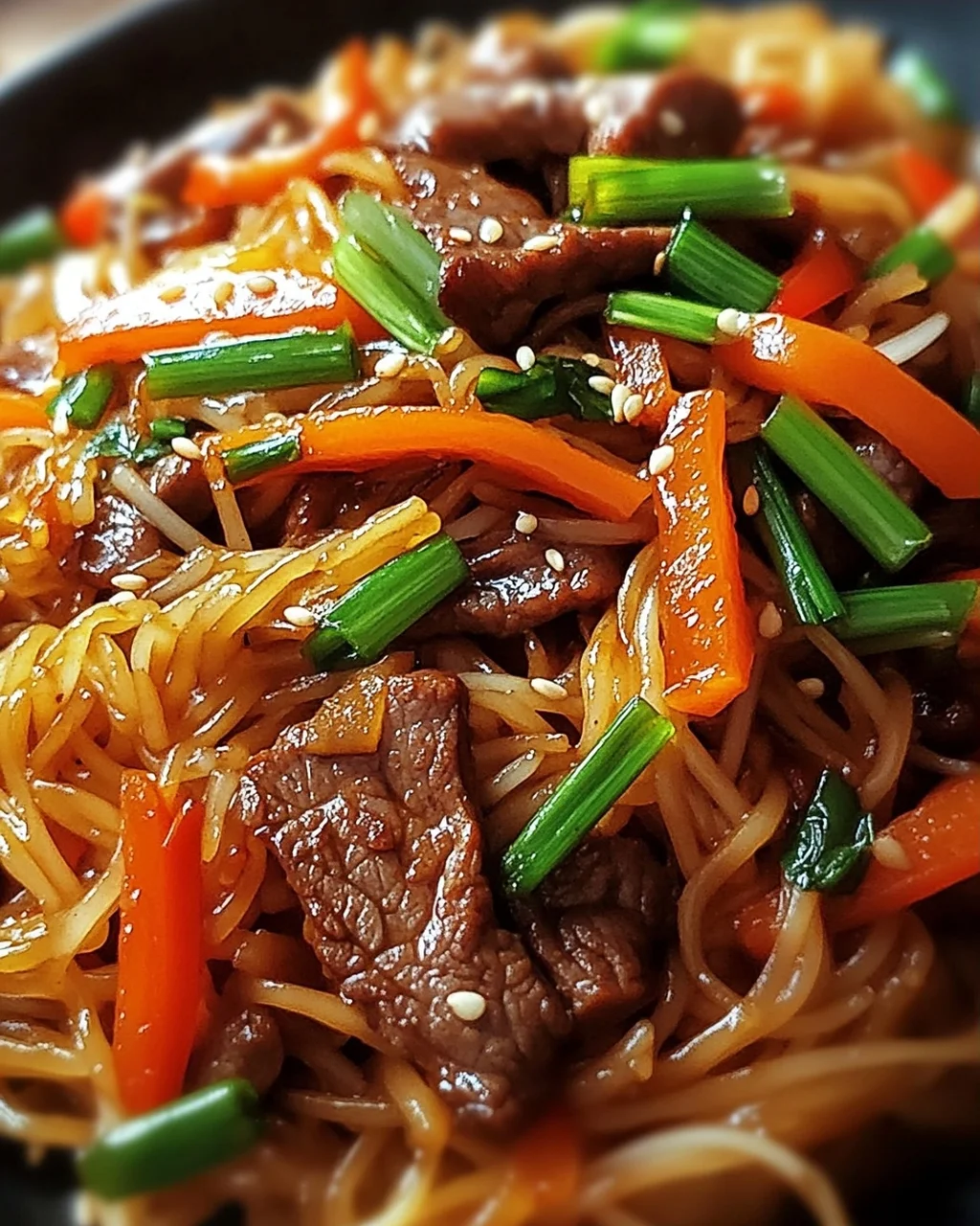 Reisnudeln mit Rindfleisch, Sojasauce und Gemüse