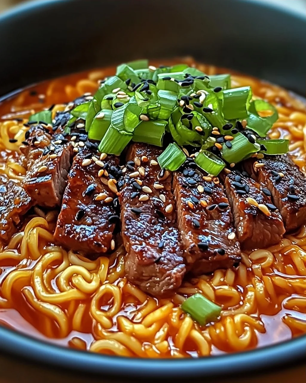 Scharfe Koreanische Nudeln mit gegrilltem Rindfleisch