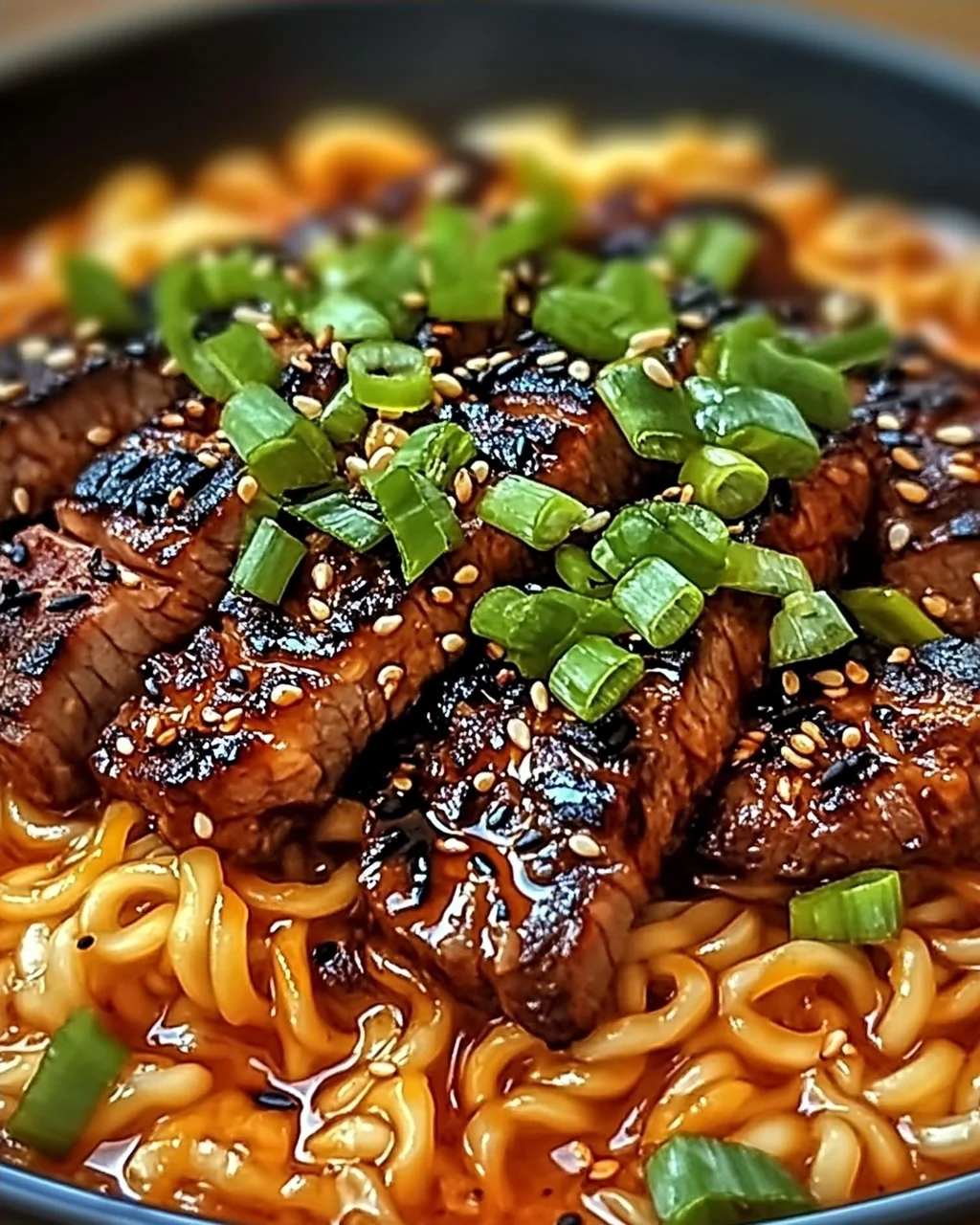 Scharfe Koreanische Nudeln mit gegrilltem Rindfleisch