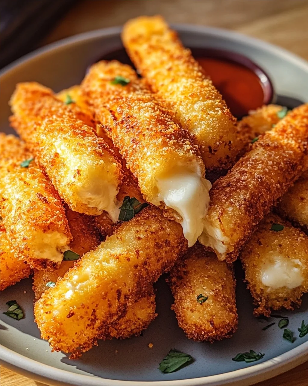 Schmelzender Goldener Heißluftfrittierter Mozzarella Traum