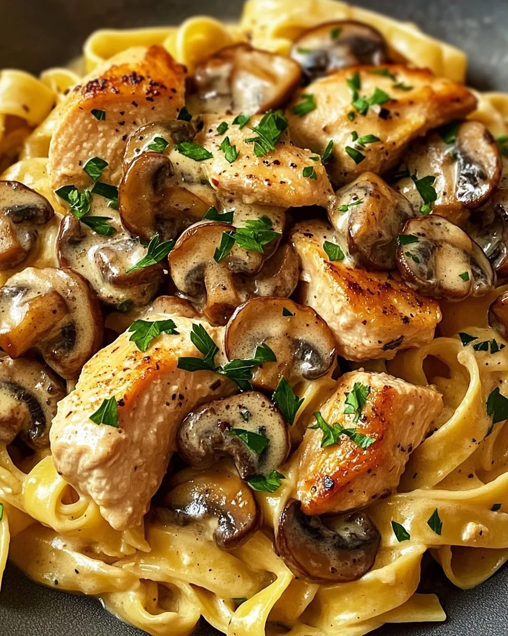 Tagliatelle mit Pilzen und Huhn in Sahnesosse