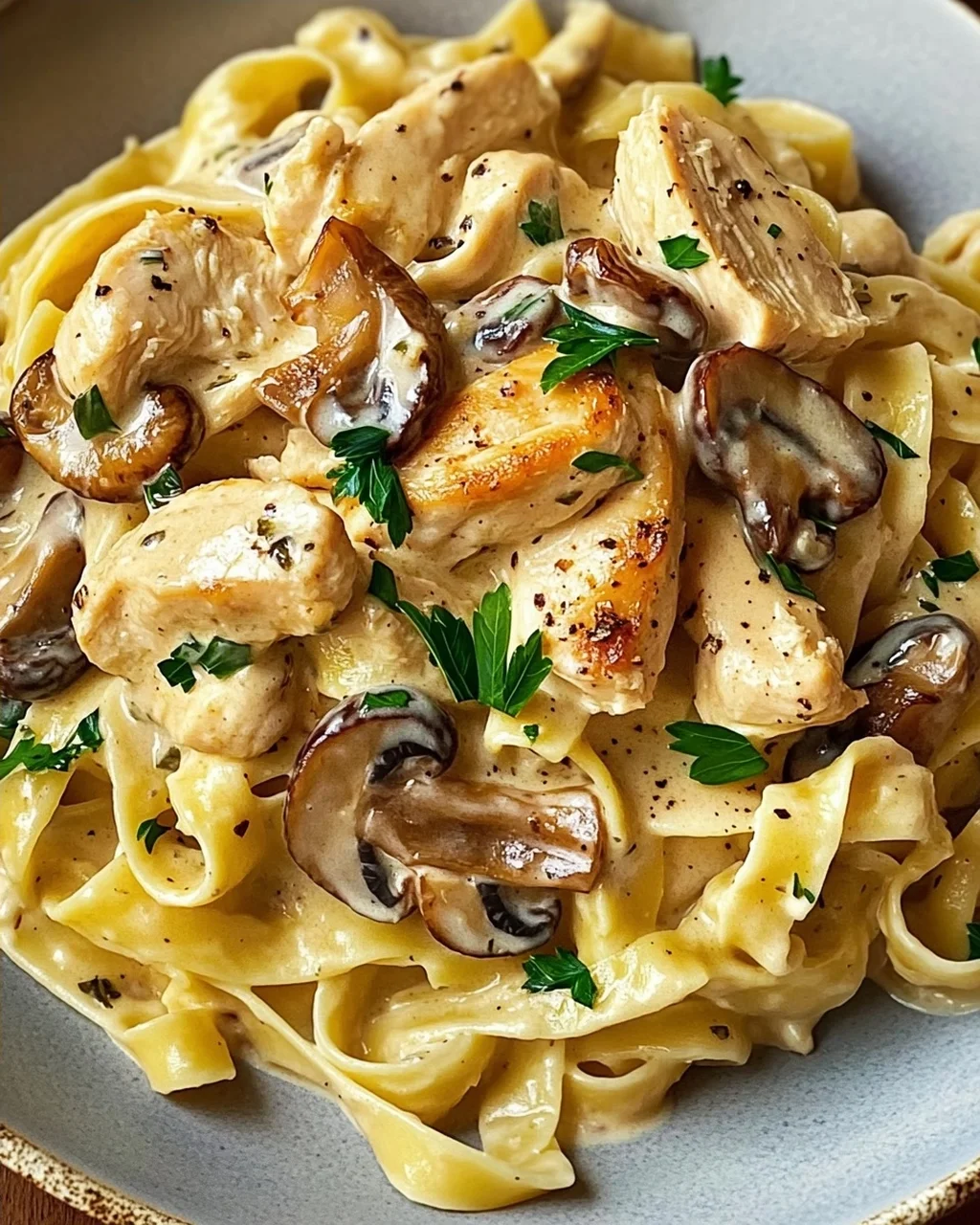 Tagliatelle mit Pilzen und Huhn in Sahnesosse
